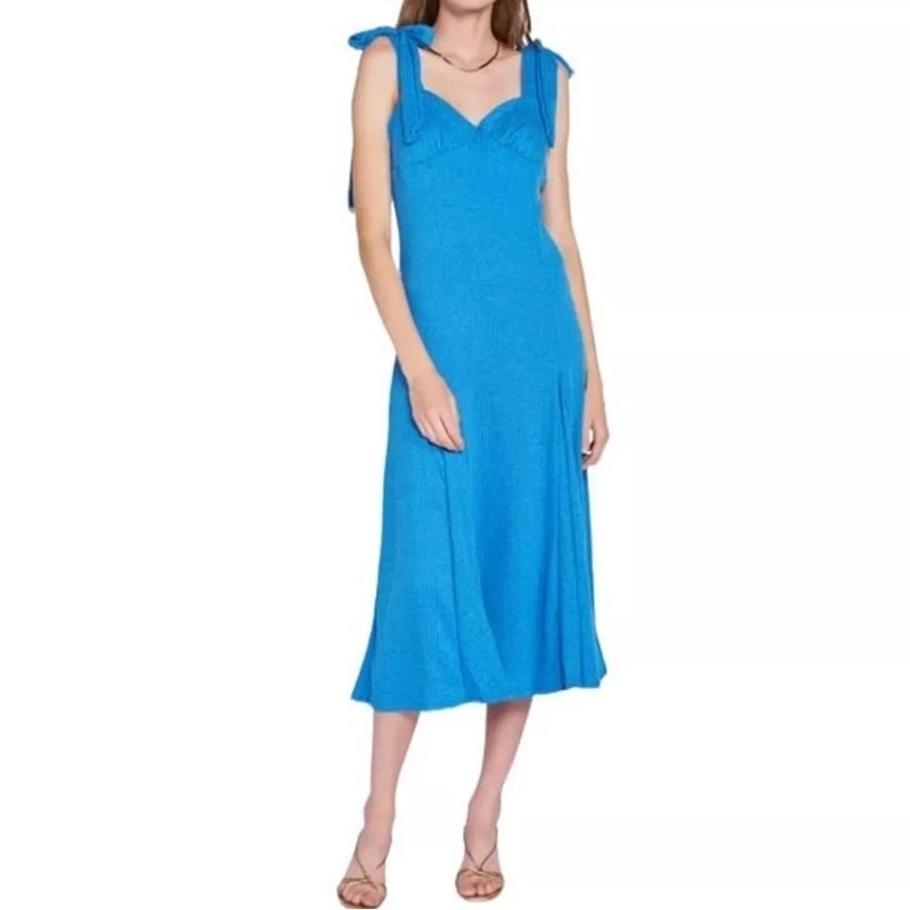 En Saison Womens Ribbed Fit & Flare Midi Dress Sz Medium Blue Shoulder Tie